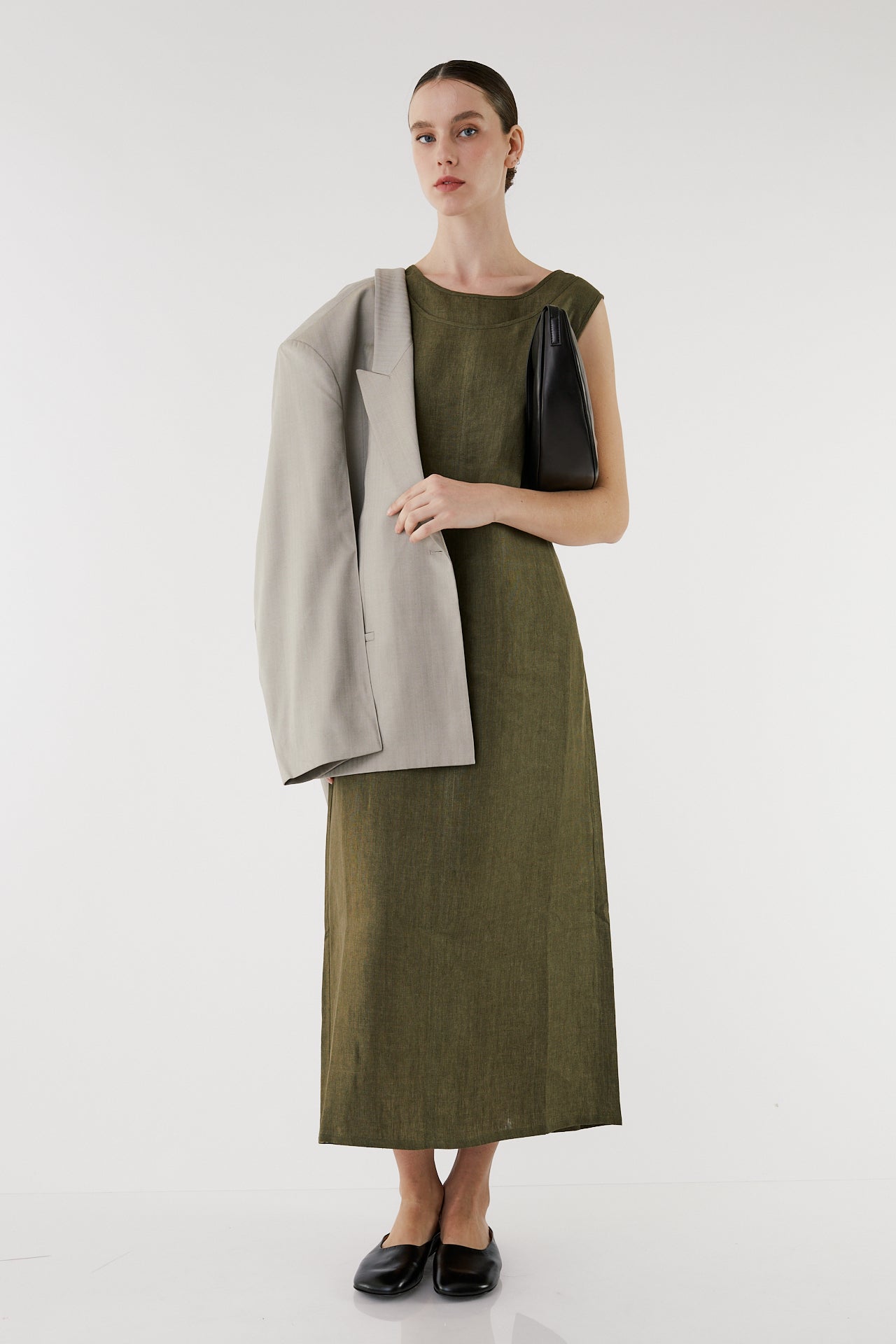 Uoda olive Linen Double-Layer Dress