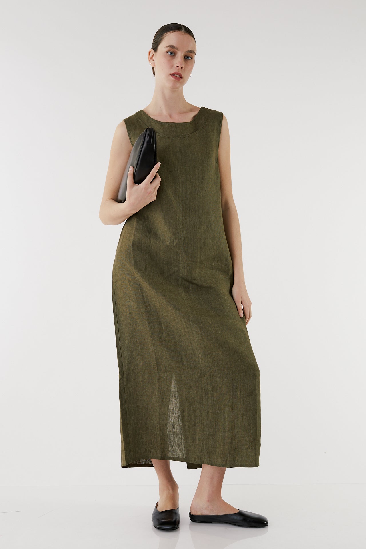 Uoda olive Linen Double-Layer Dress