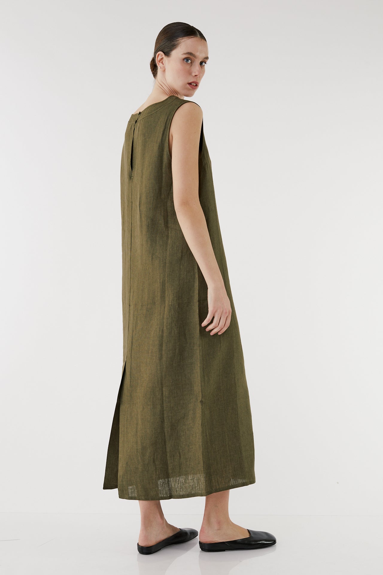 Uoda olive Linen Double-Layer Dress