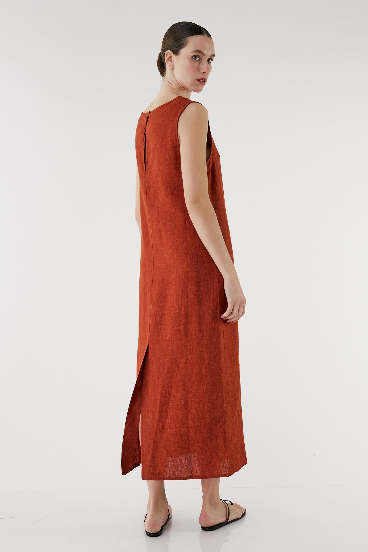 Uoda red Linen Double-Layer Dress