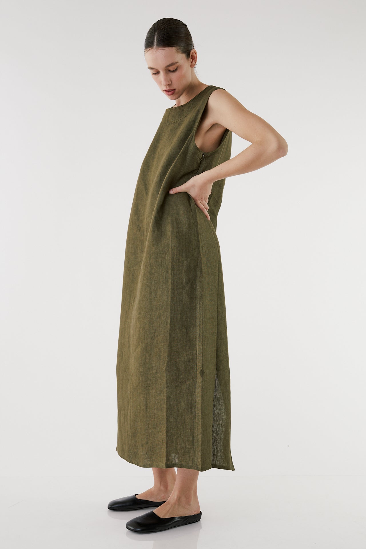 Uoda olive Linen Double-Layer Dress